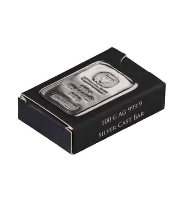 Perspectiva lateral de la caja del lingote de plata de la Germania Mint de 100 gramos