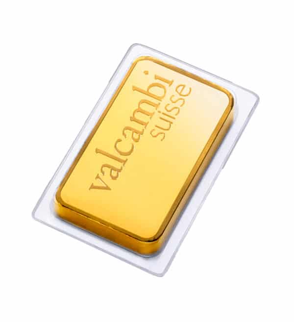 Perspectiva frontal de la parte trasera del lingote de oro Valcambi de 250 gramos