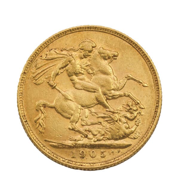 Moneda de Oro del King Edward VII Sovereign de 1905 de 7,32 g cruz | INVERMONEDA