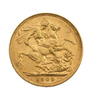 Moneda de Oro del King Edward VII Sovereign de 1909 de 7,32 g cruz | INVERMONEDA