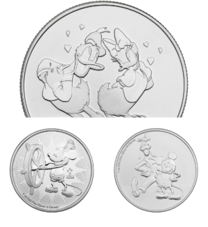 Lote Monedas Plata Disney 1 oz: Mickey & Goofy, Donald & Daisy y Mickey Mouse Steamboat Willie - INVERMONEDA