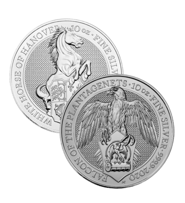 Lote de Monedas de Plata de 10 onzas de la serie Queen's Beasts (Bestias de la Reina) - Falcon of Platagenets del 2020 y White Horse of Hanover del 2021 | INVERMONEDA