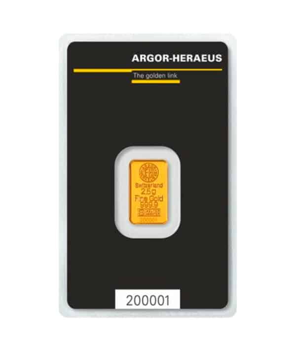 Parte posterior del lingote de oro Argor-Heraeus de 2,5 gramos