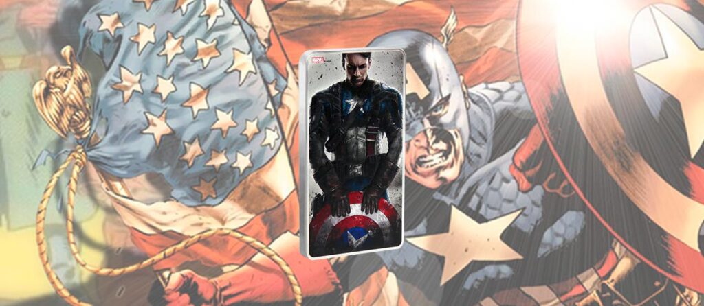 Banner con una escena del cómic del Capitán América y su moneda de plata en primer plano