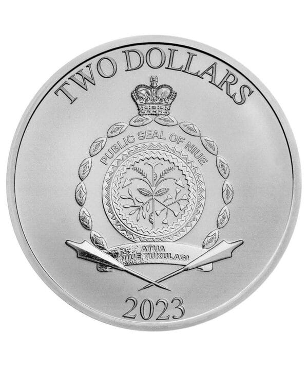 Perspectiva frontal de la cara de la moneda de plata Mickey & Minnie San Valentín, de 1 oz de 2023