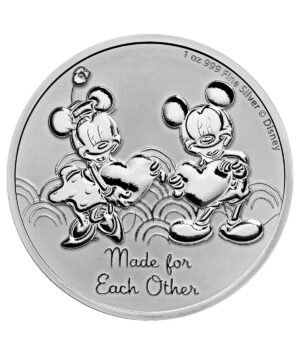 Perspectiva frontal de la cruz de la moneda de plata Mickey & Minnie San Valentín, de 1 oz de 2023