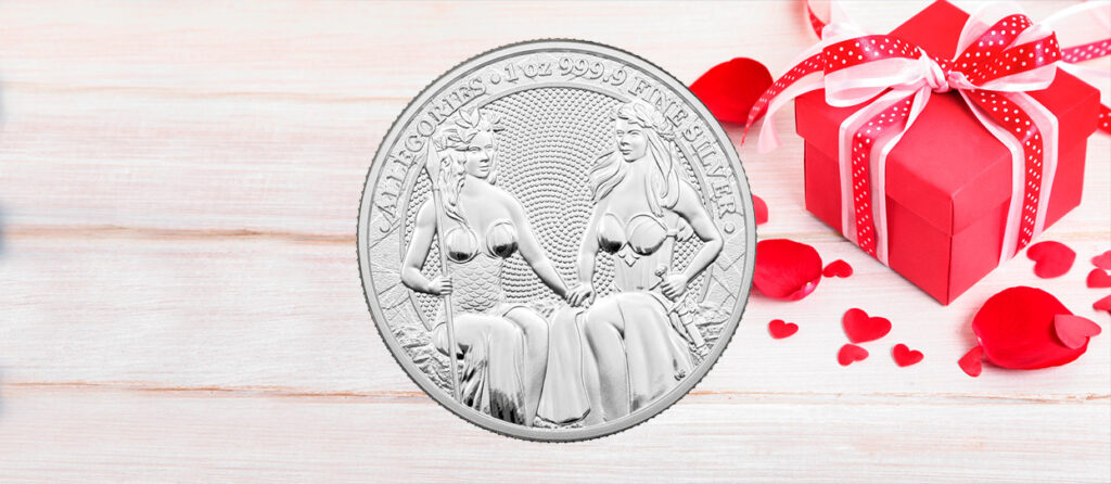 Cartel de San Valentín que presenta la moneda de plata Austria & Germania, de la colección The Allegories