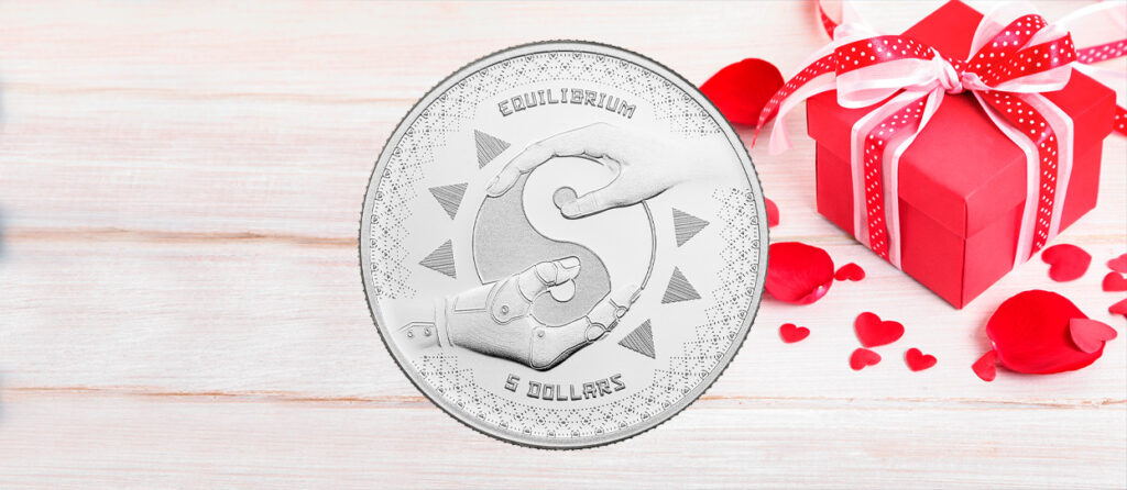 Cartel con fondo de San Valentín de la moneda de plata Equilibrium de 2020
