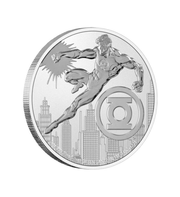 Perspectiva lateral de la cruz de la moneda de plata Green Langern de 1 onza de 2023