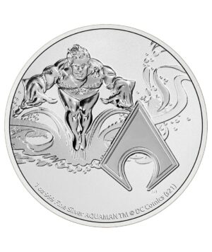 Perspectiva frontal de la cruz de la moneda de plata Aquaman de 1 onza de 2023, acuñada por New Zealand Mint