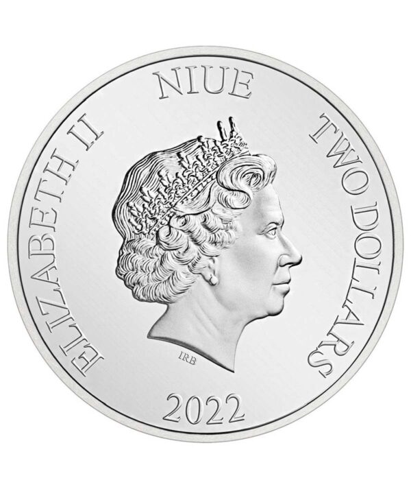 Perspectiva frontal de la cara de la moneda de plata Aquaman de 1 onza de 2023, acuñada por New Zealand Mint
