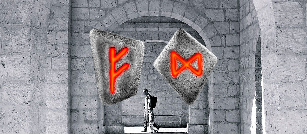 Dos letras de la colección de lingotes de plata Alfabeto Rúnico, sobre una imagen de un padre y un hijo paseando entre ruinas
