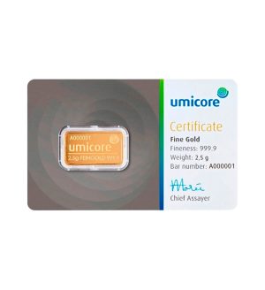 lingote-oro-umicore-2-5-gr-minted Perspectiva frontal del lingote de oro Umicore de 2,5 gramos con su blister