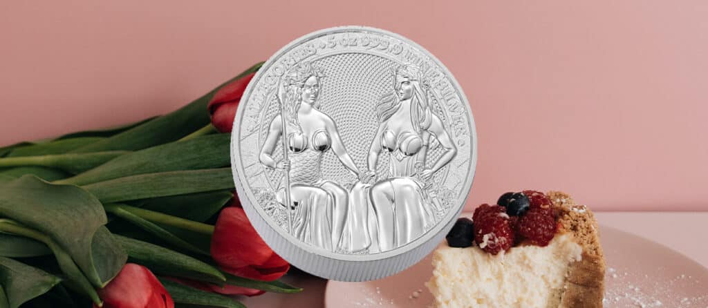 Moneda de 5 onzas de la colección The Allegories, con las diosas Austria y Germania juntas