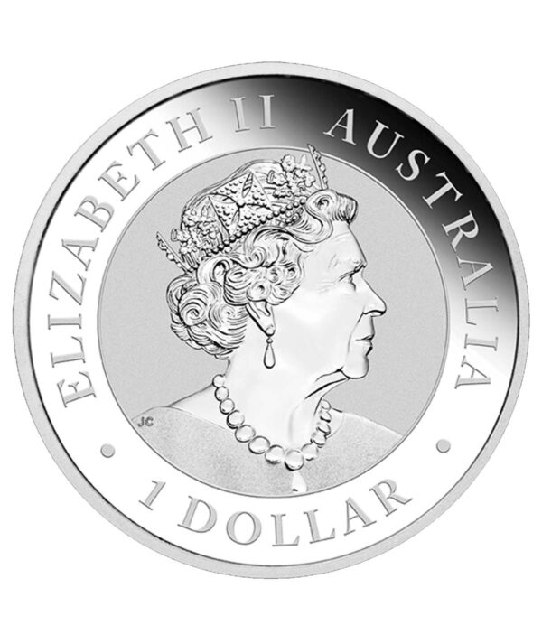Perspectiva frontal de la cara de la moneda de plata Wedge Tailed Eagle de 1 onza de 2023