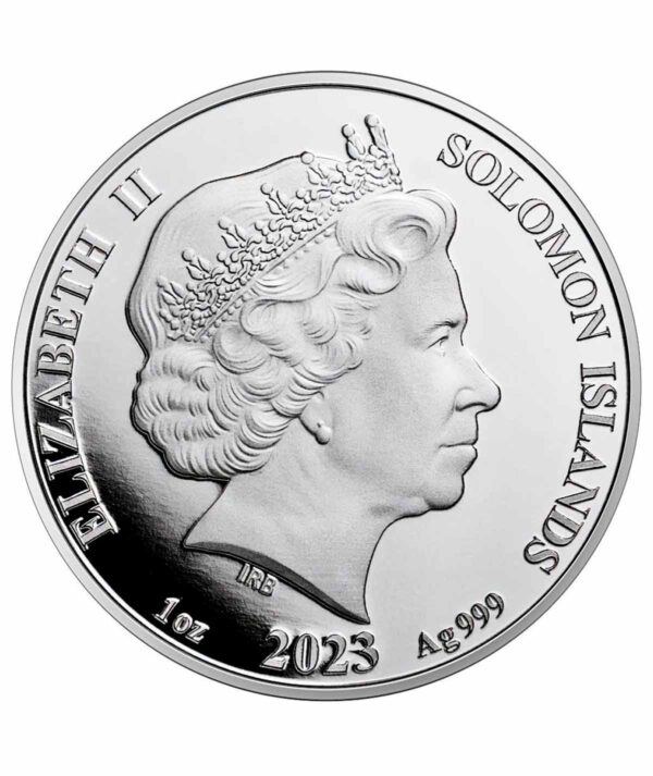 Perspectiva frontal de la cara de la moneda de plata Pi de 1 onza de 2023