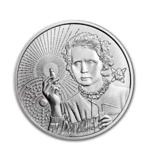 Perspectiva frontal de la cruz de la moneda de plata de Marie Curie de 1 onza de 2023