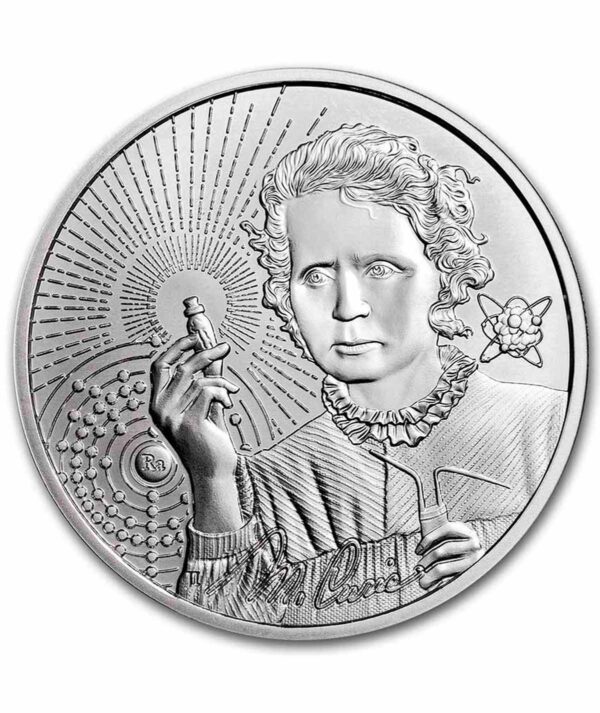 Perspectiva frontal de la cruz de la moneda de plata de Marie Curie de 1 onza de 2023