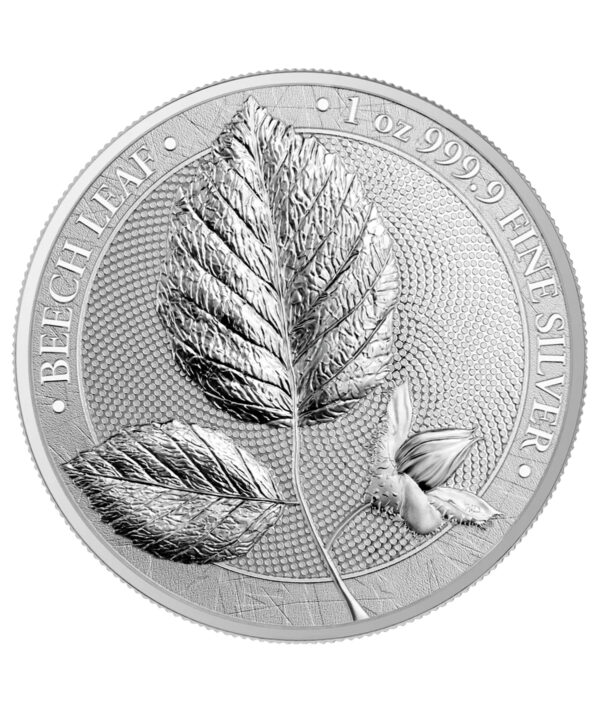 Perspectiva frontal de la cara de la moneda de plata Beech Leaf 1 onza de 2023
