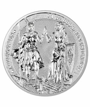Perspectiva frontal de la cruz de la moneda de plata Galia y Germania de la colección The Allegories de 1 onza de 2023