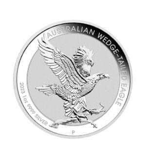 Perspectiva frontal de la cruz de la moneda de plata Wedge Tailed Eagle de 1 onza de 2023