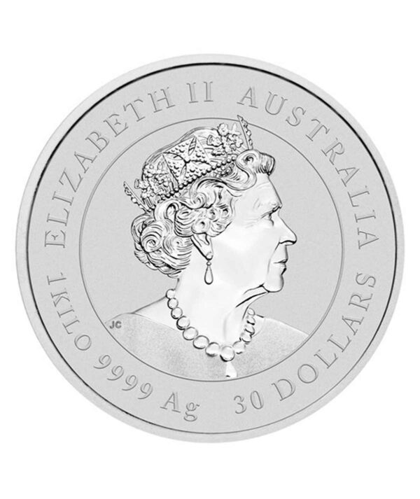 Perspectiva frontal de la cara moneda de plata Año del Tigre de 1 Kg de serie Lunar Australiana, acuñada por The Perth Mint