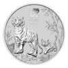 Perspectiva frontal de la cara de la moneda de plata Año del Tigre de 1 Kg de serie Lunar Australiana, acuñada por The Perth Mint, donde aparece un tigre rodeado de vegetación