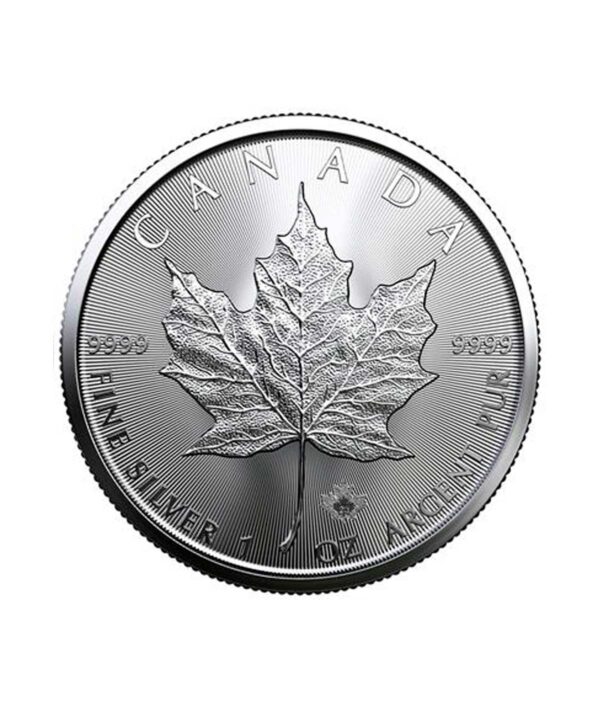 Perspectiva frontal de la moneda de plata Maple Leaf de 1 onza de 2023