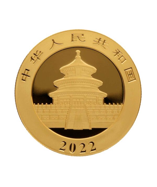 Perspectiva frontal de la cara de la moneda de oro Panda Chino de 15 gramos de 2022