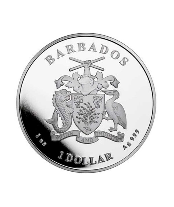 Perspectiva frontal de la cara de la moneda de plata CAribbean Seahorse de 1 onza de plata de 2023