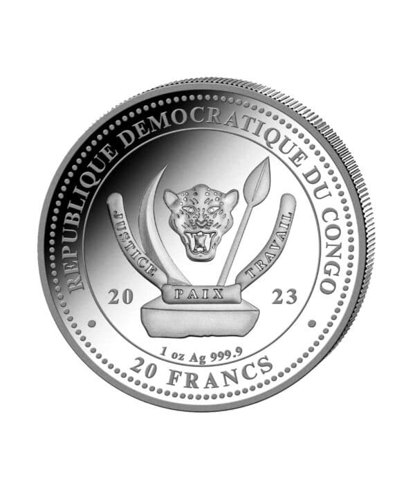 Perspectiva frontal de la cara de la moneda de plata Ocean Rays de 1 onza de 2023, en la que se muestra el escudo de armas de Congo