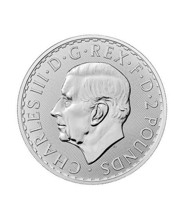 Perspectiva frontal de la moneda de plata Britannia de 1 onza de 2023, con el rostro del nuevo monarca, Carlos III