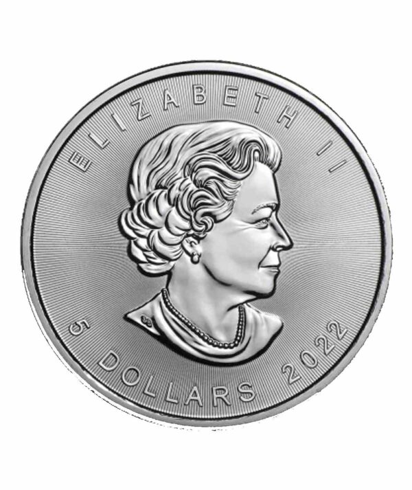 Perspectiva frontal de la cara de la moneda de plata Maple Leaf de 1oz de 2022, donde aparece el rostro de la reina Isabel II