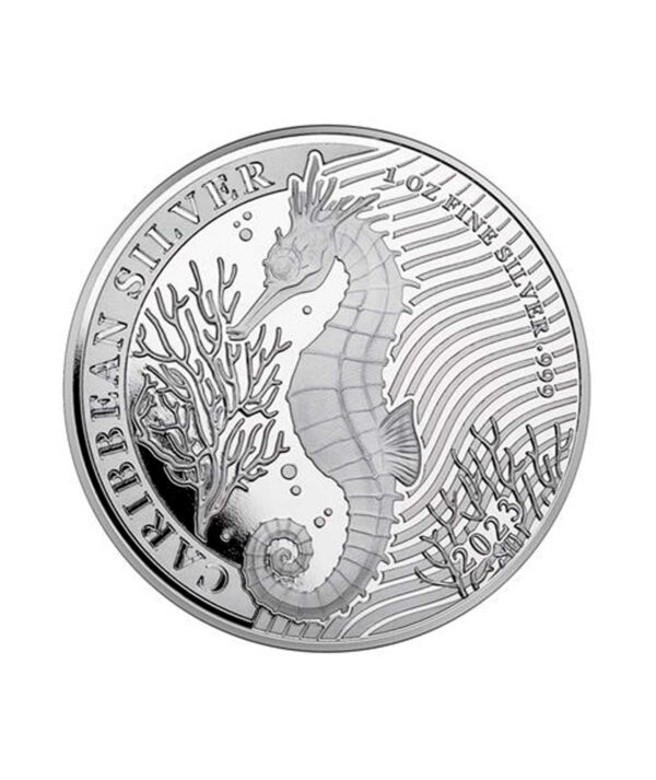 Perspectiva frontal de la cruz de la moneda de plata Caribbean Seahorse de 1 onza de 2023