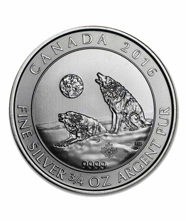 Perspectiva frontal de la cruz de la moneda de plata Howling Wolves de 3/4 de onza de 2016