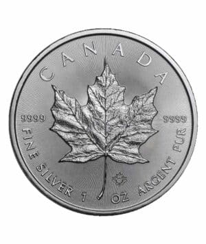 Perspectiva frontal de la cruz de la moneda de plata Maple Leaf de 1oz de 2022, con la hoja de arce típica de la cultura canadiense