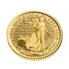 Perspectiva lateral que muestra el canto de la moneda de oro Britannia de 1/10 onza de 2023, donde vemos a la diosa en cuestión portar un tridente