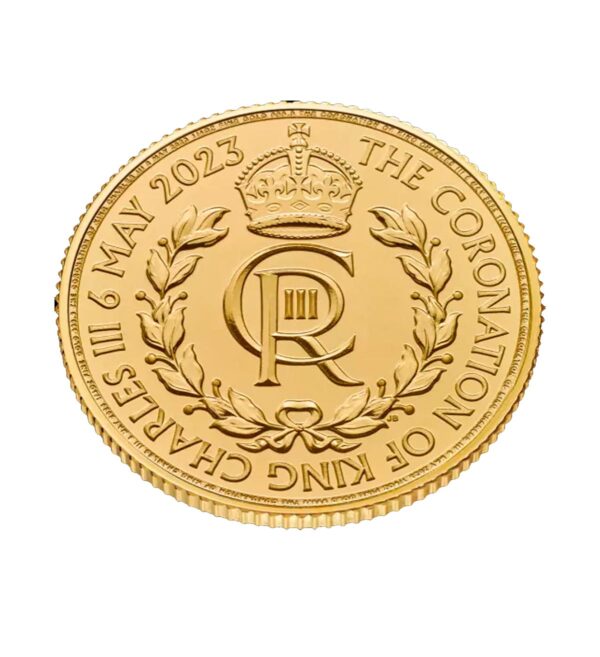 Perspectiva inclinada de la moneda de oro 1/4 Coronación de Carlos III de 2023