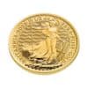 Perspectiva lateral que muestra el canto de la moneda de oro Britannia de 1/2, con la imagen de la diosa portando un tridente