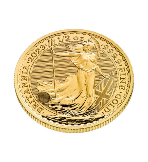 Perspectiva lateral que muestra el canto de la moneda de oro Britannia de 1/2, con la imagen de la diosa portando un tridente