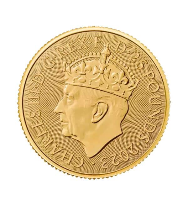Perspectiva frontal de la moneda de oro 1/4 Coronación de Carlos III de 2023
