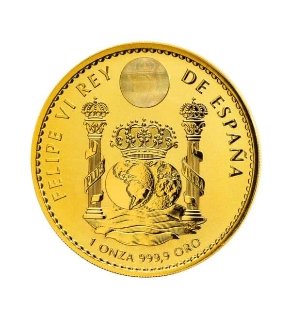 Perspectiva frontal de la cruz de la moneda de oro Caballo Cartujano de 1 onza de 2023, que muestra el escudo de España