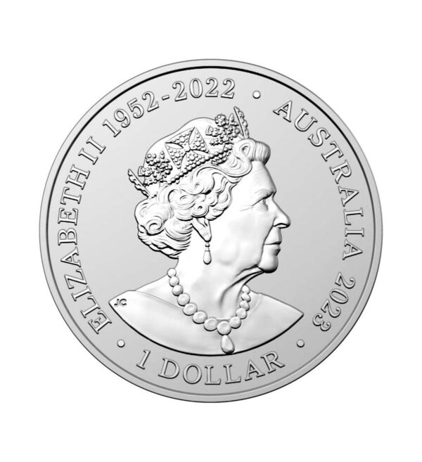 Perspectiva frontal de la cara de la moneda de plata Pingüino Emperador de 1 oz de 2023