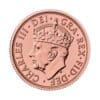Perspectiva frontal de la cara de la moneda de oro Soberano de la Coronación de Carlos III de 7.32 gr