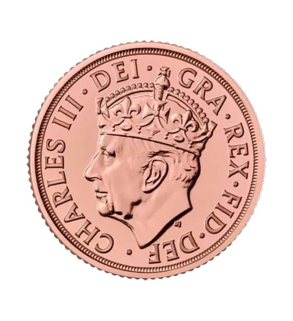 Perspectiva frontal de la cara de la moneda de oro Soberano de la Coronación de Carlos III de 7.32 gr