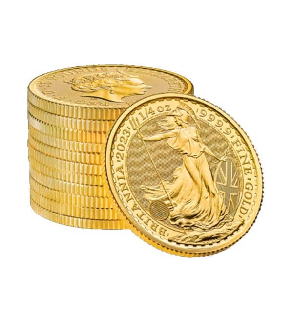 Varias monedas de oro Britannia de 1/4 de onza, apiladas en un montón