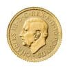 Perspectiva frontal de la cruz de la moneda de oro Britannia de 1/10 onza de 2023, con el rostro del nuevo monarca Carlos III