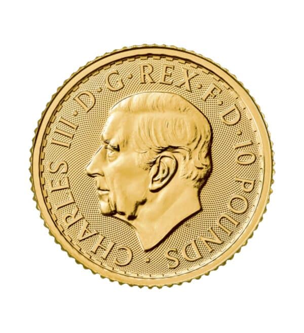Perspectiva frontal de la cruz de la moneda de oro Britannia de 1/10 onza de 2023, con el rostro del nuevo monarca Carlos III