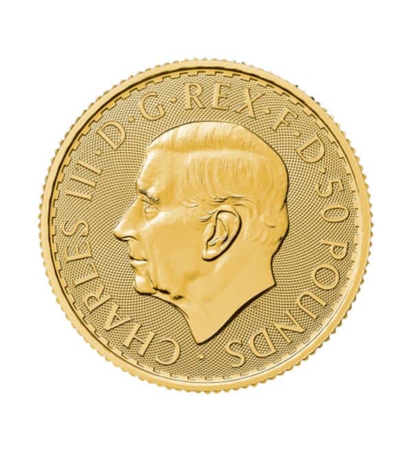 Perspectiva frontal de la cruz de la moneda de oro Britannia de 1/2, con el rostro del monarca Carlos III