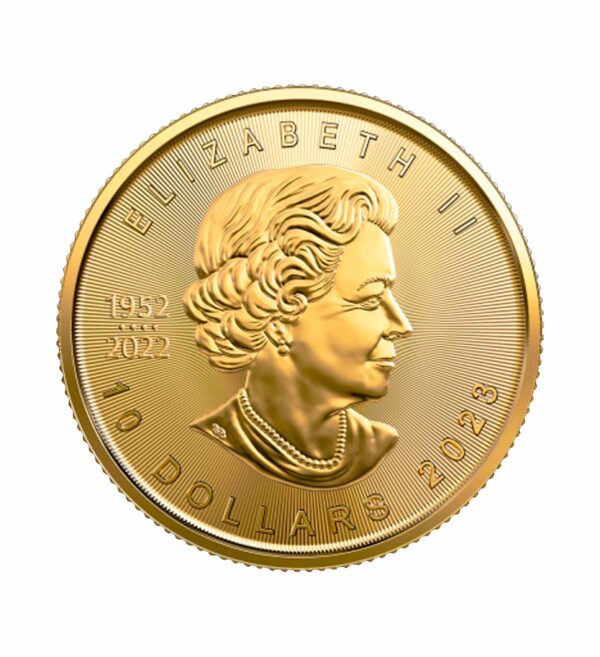 Perspectiva frontal de la cara de la moneda de oro Maple Leaf de 1/4 de onza, con el rostro de la exmonarca Isabel II